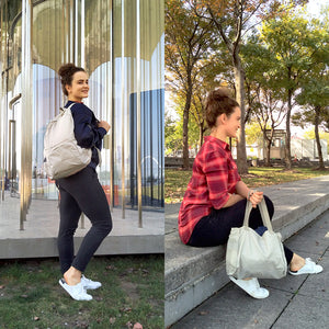 woman with beige backpack and handbag