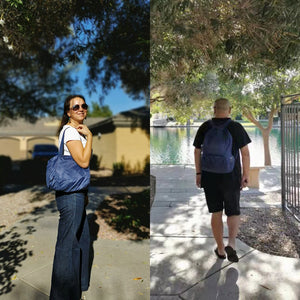 men and women with blue backpack